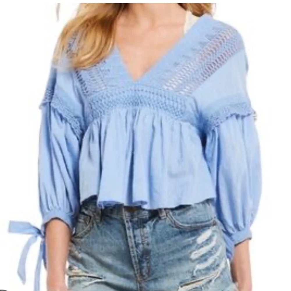 FREE PEOPLE Blue Crochet Peasant Blouse (see measurements)
